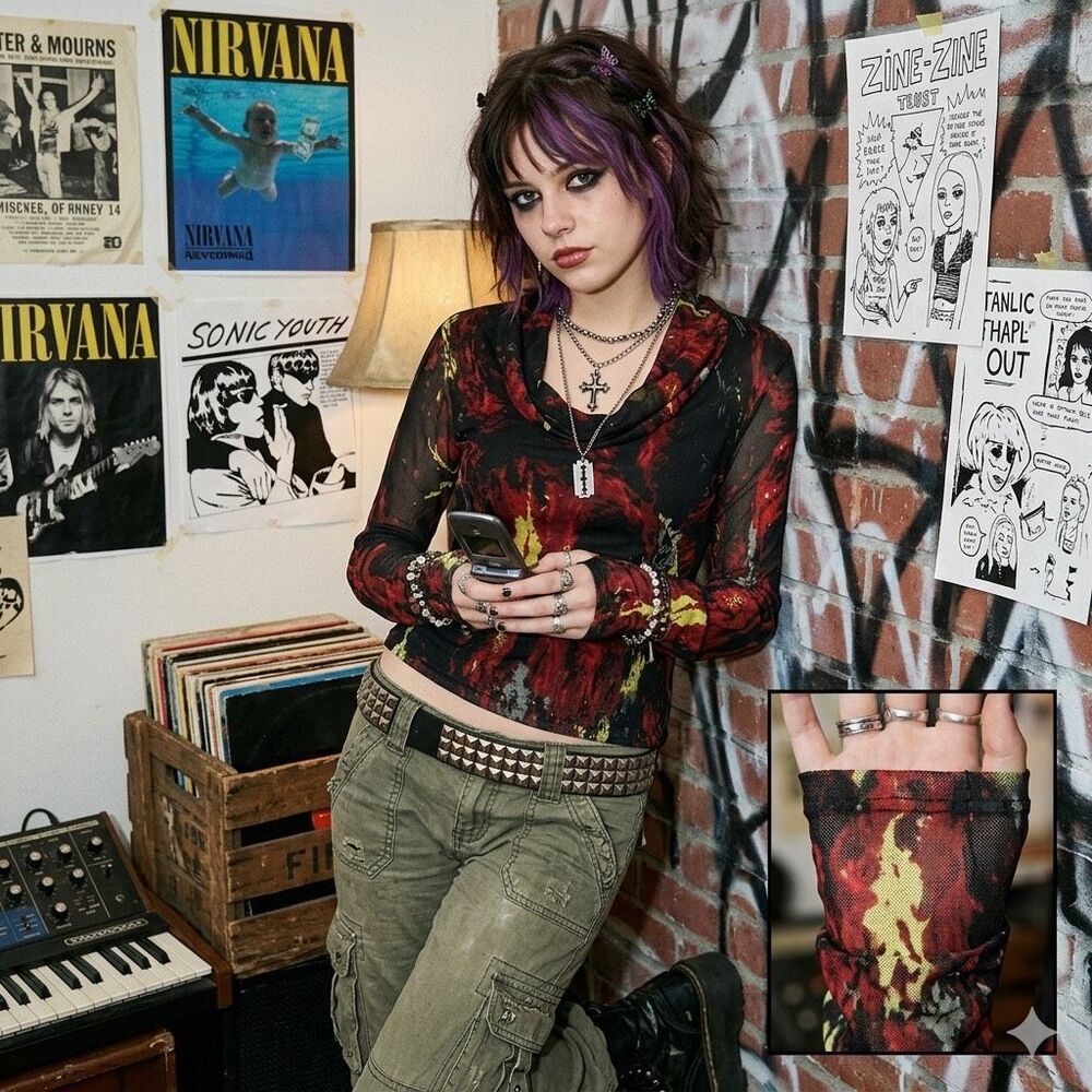 Vivienne Tam y2K 2000’s Printed Sheer Mesh Long Sleeve Grunge Top Size M NWT